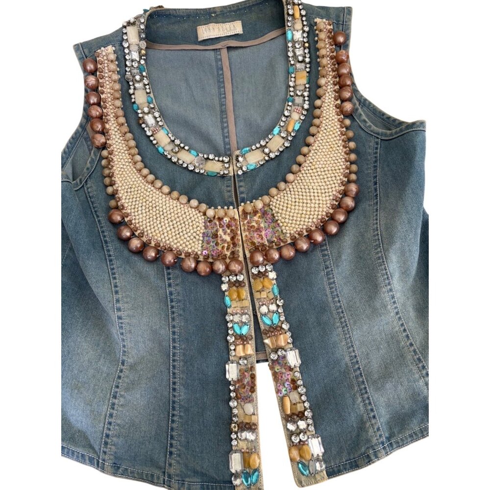 Vintage  Lynn Adler Hand Beaded Denim Vest With Rhinestones & Pearls - Picture 2 of 12